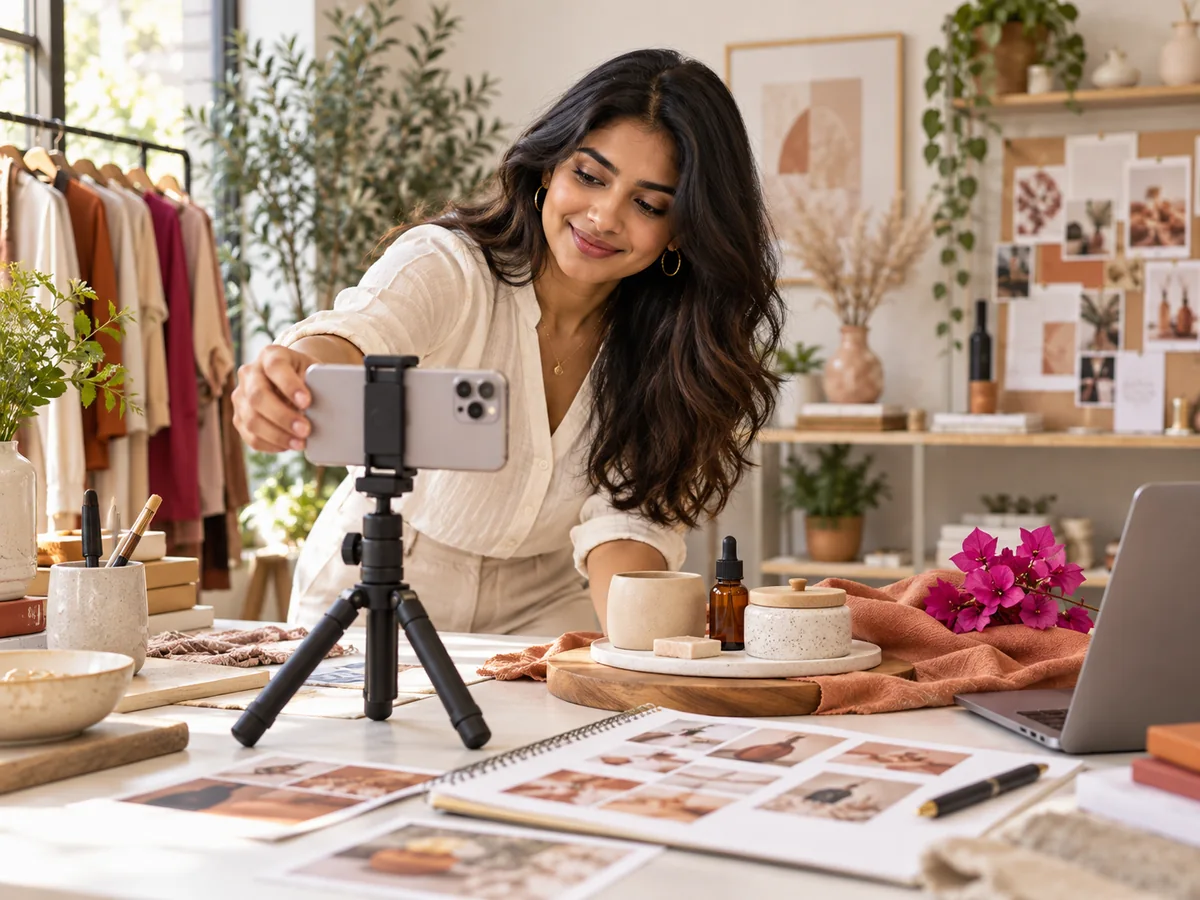 Entrepreneur creating social media content with a smartphone